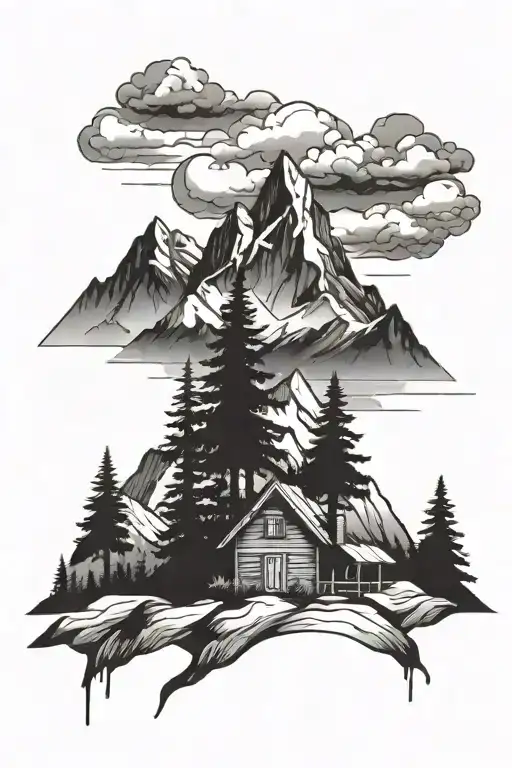 Mountain Range With Cabin And Trees