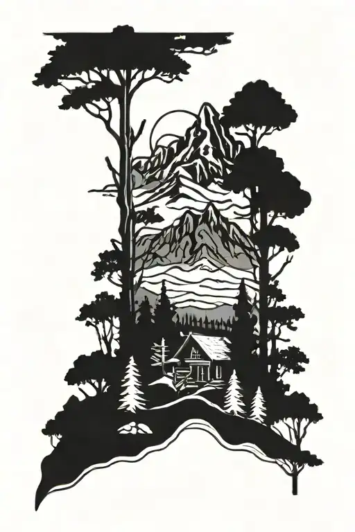 Mountain Range With Cabin And Trees