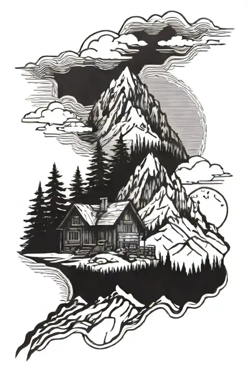 Mountain Range With Cabin And Trees