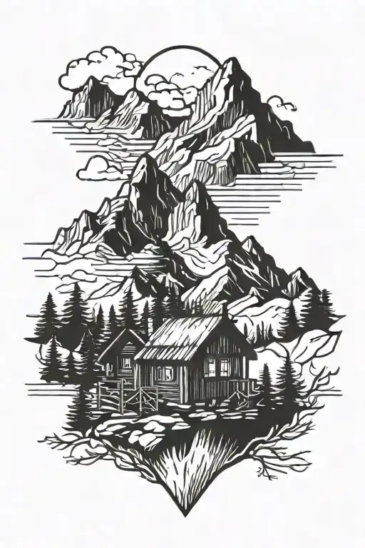 Mountain Range With Cabin And Trees