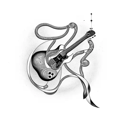 A Guitar Being Strummed By A Cobra With Musical Notes Swirling Around Them