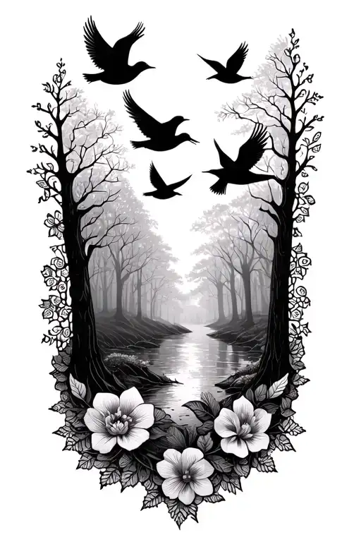 Floral Lace With Cute Birds Flying In Forest Scene Father Daughter Memorial