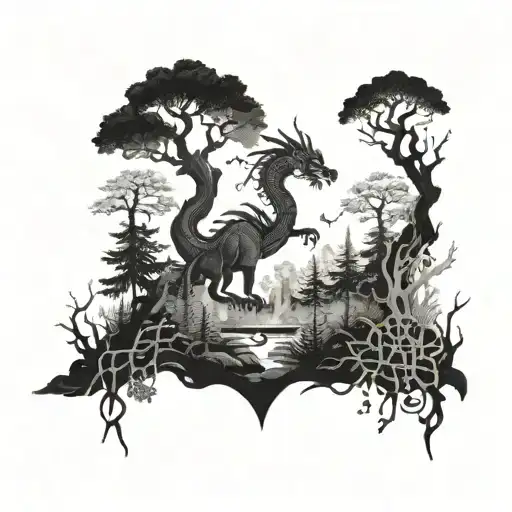 A Mystical Forest Scene With A Hidden Dragon