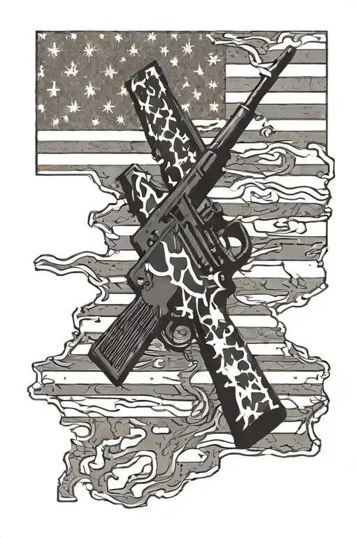 An American Flag Morphing Into A Rifle With A Camouflage Background
