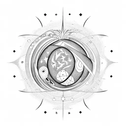 A Geometric Palm Tree Design Intertwined With Planets And Stars From The Solar System