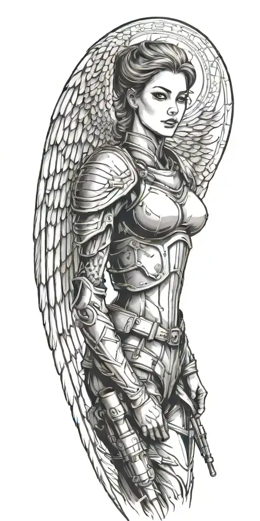 A Tattoo Of A Woman Soldier With Wings Resembling Angel Wings