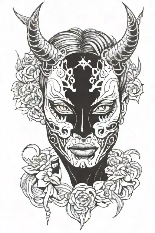 Female Face With Oni Mask Split