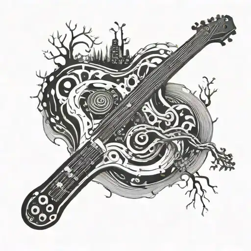 A Futuristic Biomechanical Bass Guitar Merging With A River Flowing Through A Forest