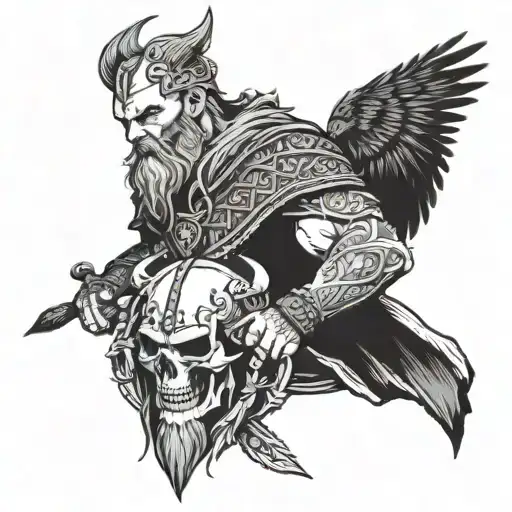 A Viking With Skulls And Raven On Forearms