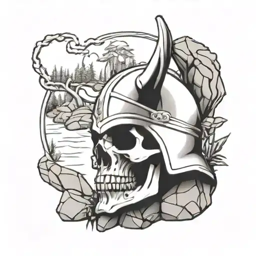 Skull Wearing Viking Helmet Surrounded By Rocks And Trees
