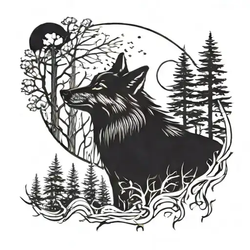 A Mystical Forest Scene With A Lone Wolf Howling At The Moon