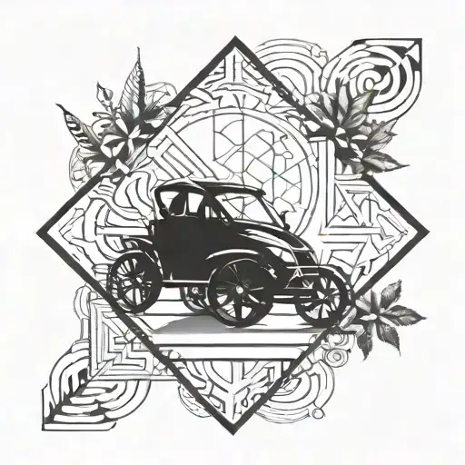 A Geometric Tattoo Design Combining Elements Of Autograss Racing And Nature In A Blackwork Style