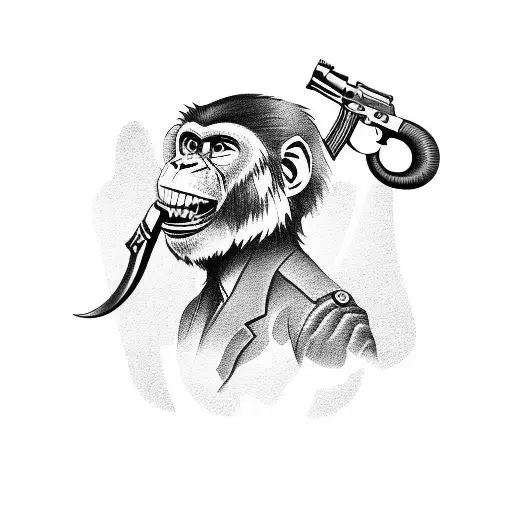 Monkey With Ak47 And Knife In Mouth