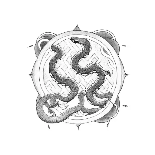 A Traditional Japanese Tattoo Design Incorporating A Snake And Sun Motif