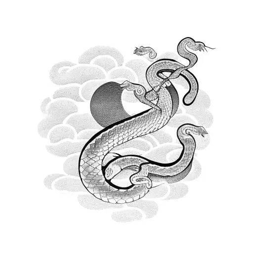 A Traditional Japanese Tattoo Design Incorporating A Snake And Sun Motif