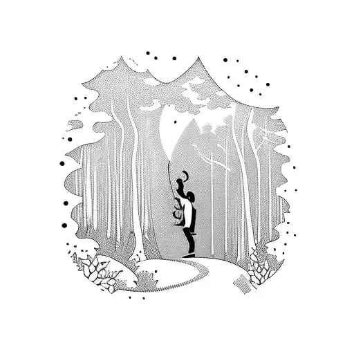 A Silhouette Of A Person Hiking Through A Forest With Musical Notes Intertwined In The Trees