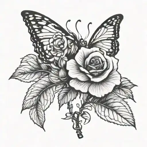 Rose With Stem And 2 Butterfly-shaped Leaves