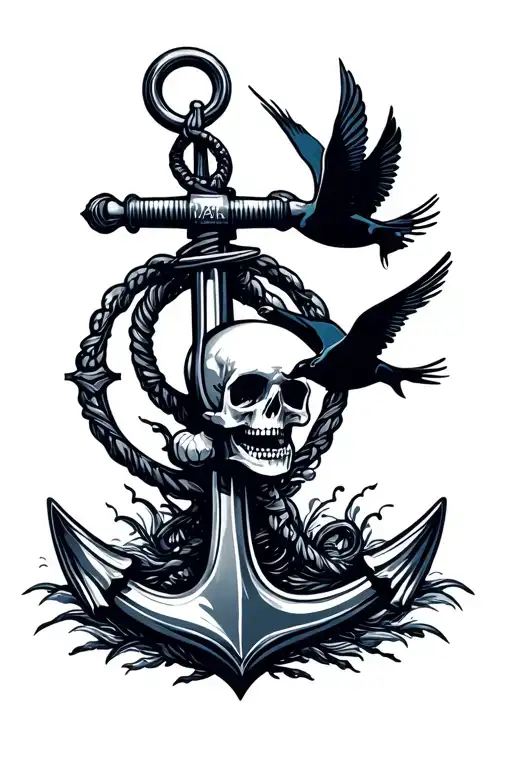 Navy Anchor With Skull And Swallows Flying