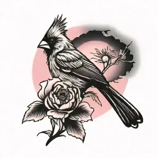 Cardinal Perched On Top Of A Poppy Flower With A Pink Sunset Background Tattoo