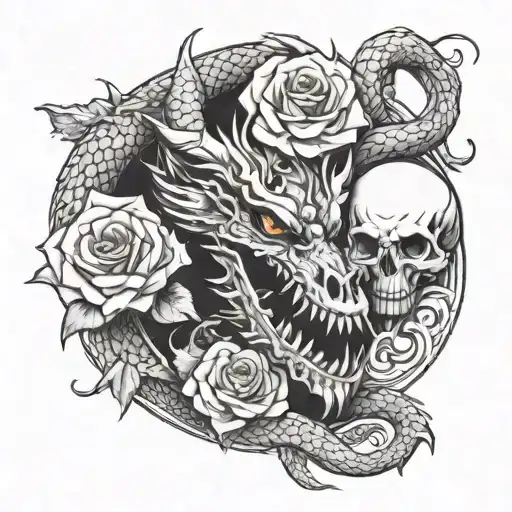 Chinese Dragon And Skull And Rose Intertwined