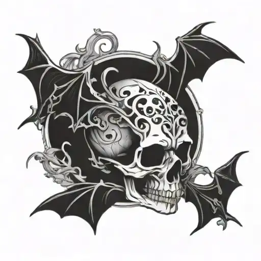 Skull And Bats Flying