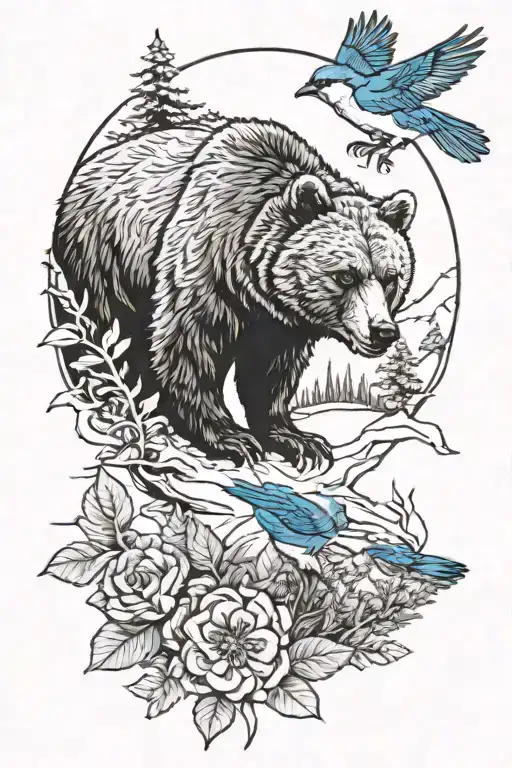 A Grizzly Bear And A Blue Jay Bird