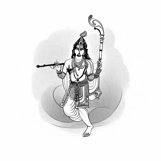 A Stylized Blackwork Tattoo Of Lord Krishna Playing A Flute With Music Notes Swirling Around Him