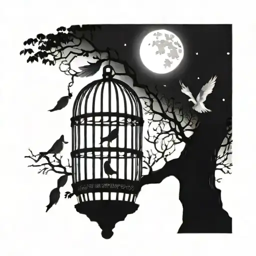 Bird Flying In The Middle Of The Night And A Moon And A Cage Hanging From A Tree
