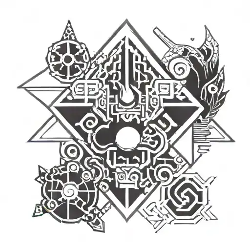 Combine Traditional Japanese Symbols With Iconic Gaming Symbols In A Geometric Tattoo Design