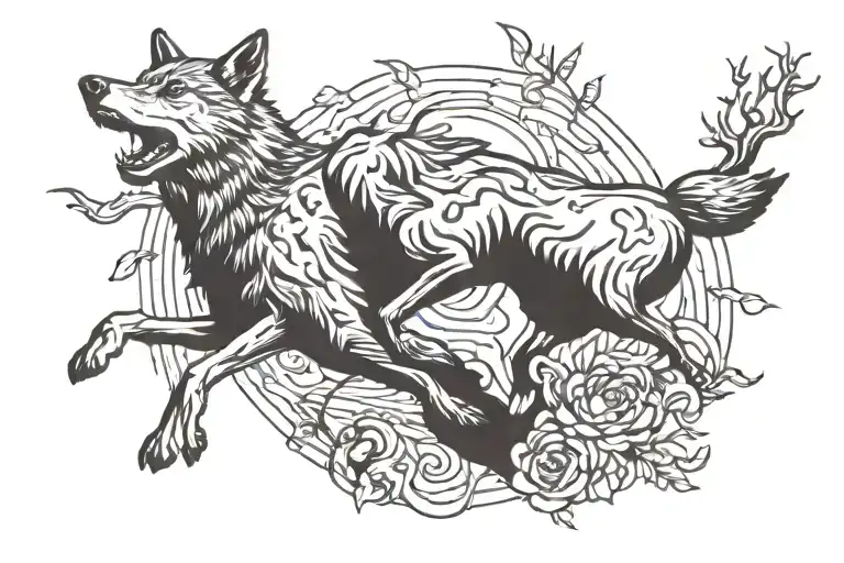 Wolf Chasing Leaping Deer