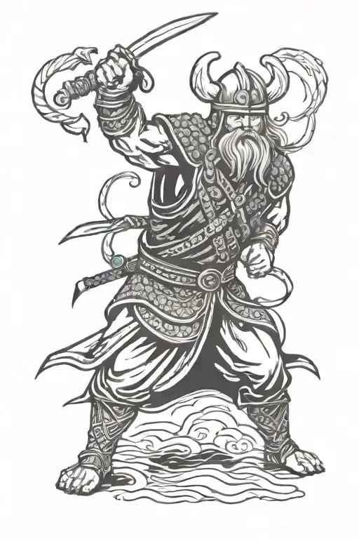 A Fierce Viking Warrior Practicing Kung-fu Moves In A Sanda Fighting Stance