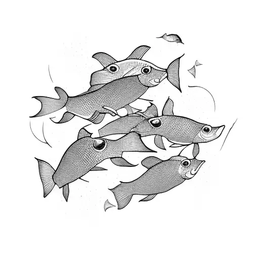 A Detailed Blackwork Tattoo Of A School Of Fish Swimming Around A Bicycle Wheel