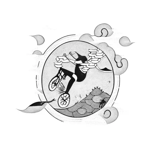 A Blackwork Tattoo Of A Cyclist Jumping Over A Pond Filled With Koi Fish