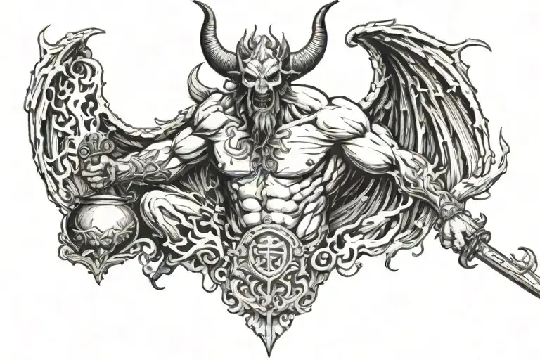 Satan With Demon Wings Holding A Sword And A Bowl Of Flame In The Middle