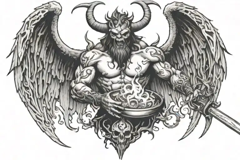 Satan With Demon Wings Holding A Sword And A Bowl Of Flame In The Middle