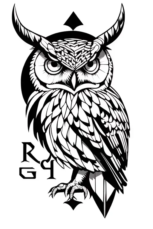Geometric Neotribal Design Incorporating Horned Owl And Letters Rogi