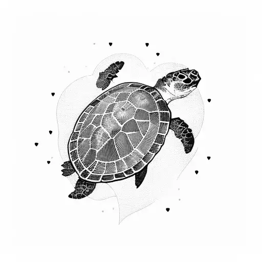 A Blackwork Design Of A Mother Sea Turtle Surrounded By Her Babies In A Heart Shape