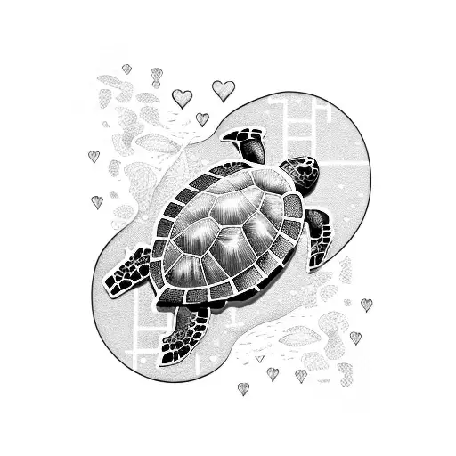 Mother Sea Turtle Surrounded By Her Babies In A Heart Shape