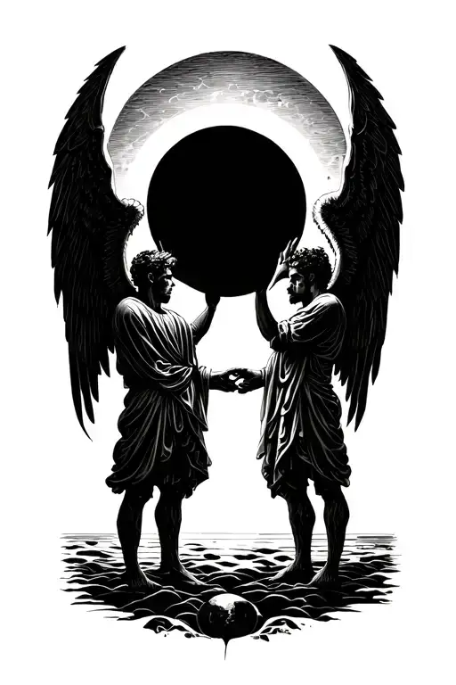 Two Male Arcangels Holding Up A Half Sun Half Moon