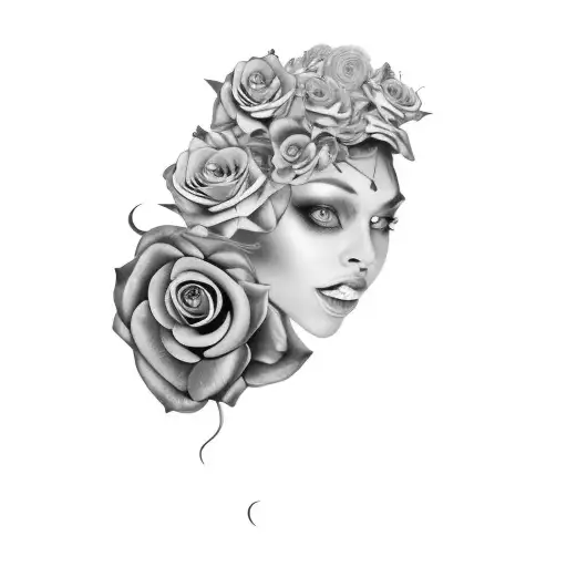 A Woman With A Crown On Her Head With Snakes A Hair And Purple Roses For Eyes