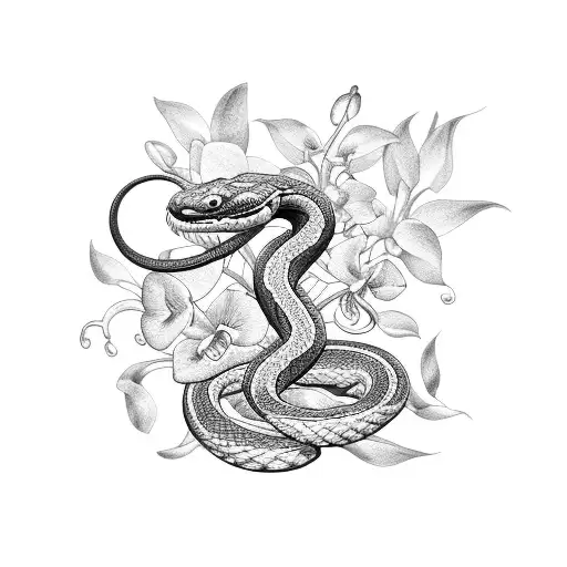 Snake With Orchids And Leafs