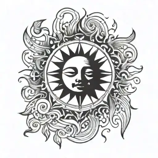 Line Work Design Of A Sun With A Face Surrounded By Music Notes