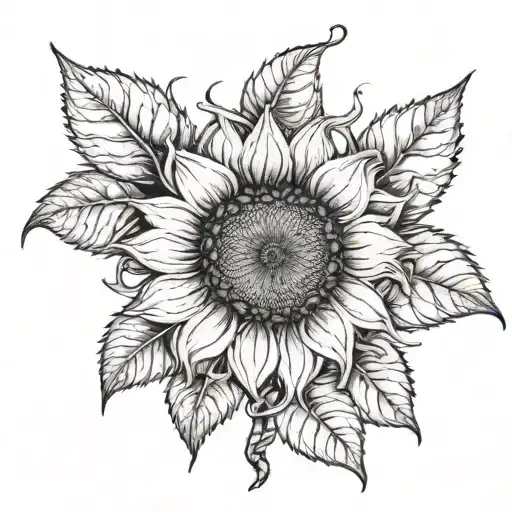 A Detailed Blackwork Tattoo Of A Sunflower Surrounded By Vines And Leaves
