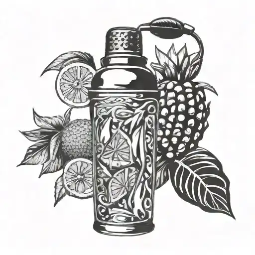 A Cocktail Shaker With Various Tropical Fruits And Beach Elements Intertwined