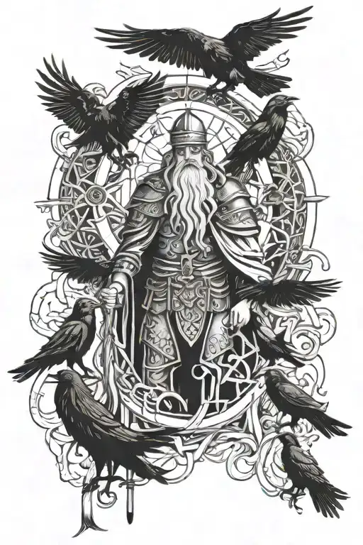 Odin With His Ravens And Runes With Drawings Of Longships