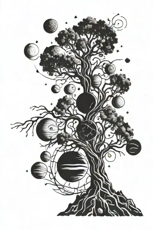 A Cosmic Tree With Planets As Fruit Hanging From Its Branches