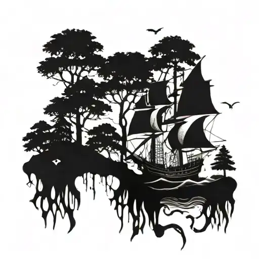A Mystical Forest With Pirate Ships Sailing Through The Trees