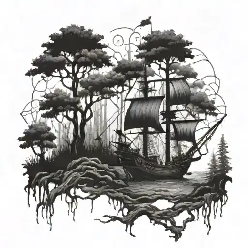 A Mystical Forest With Pirate Ships Sailing Through The Trees