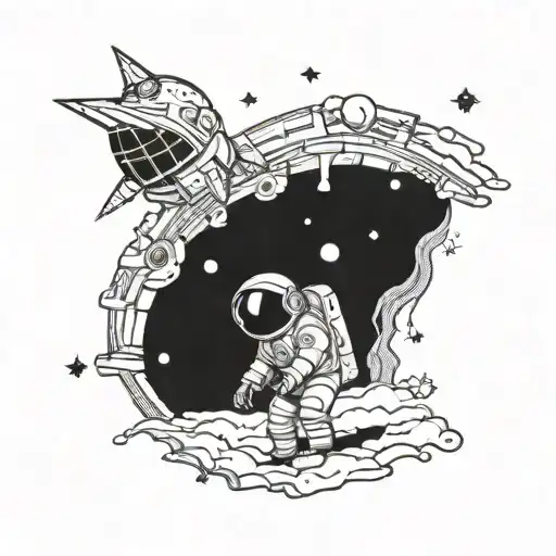 A Celestial Scene Of An Astronaut Gazing At The Stars With A Mix Of Blackwork And Dotwork Techniques