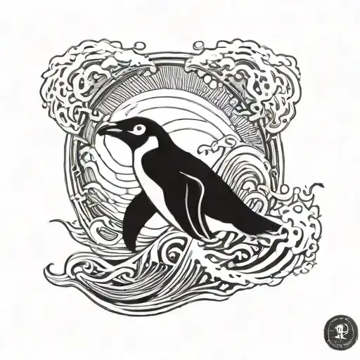 A Detailed Blackwork Tattoo Of A Penguin Navigating Through Stormy Waves Inspired By Cape Horn